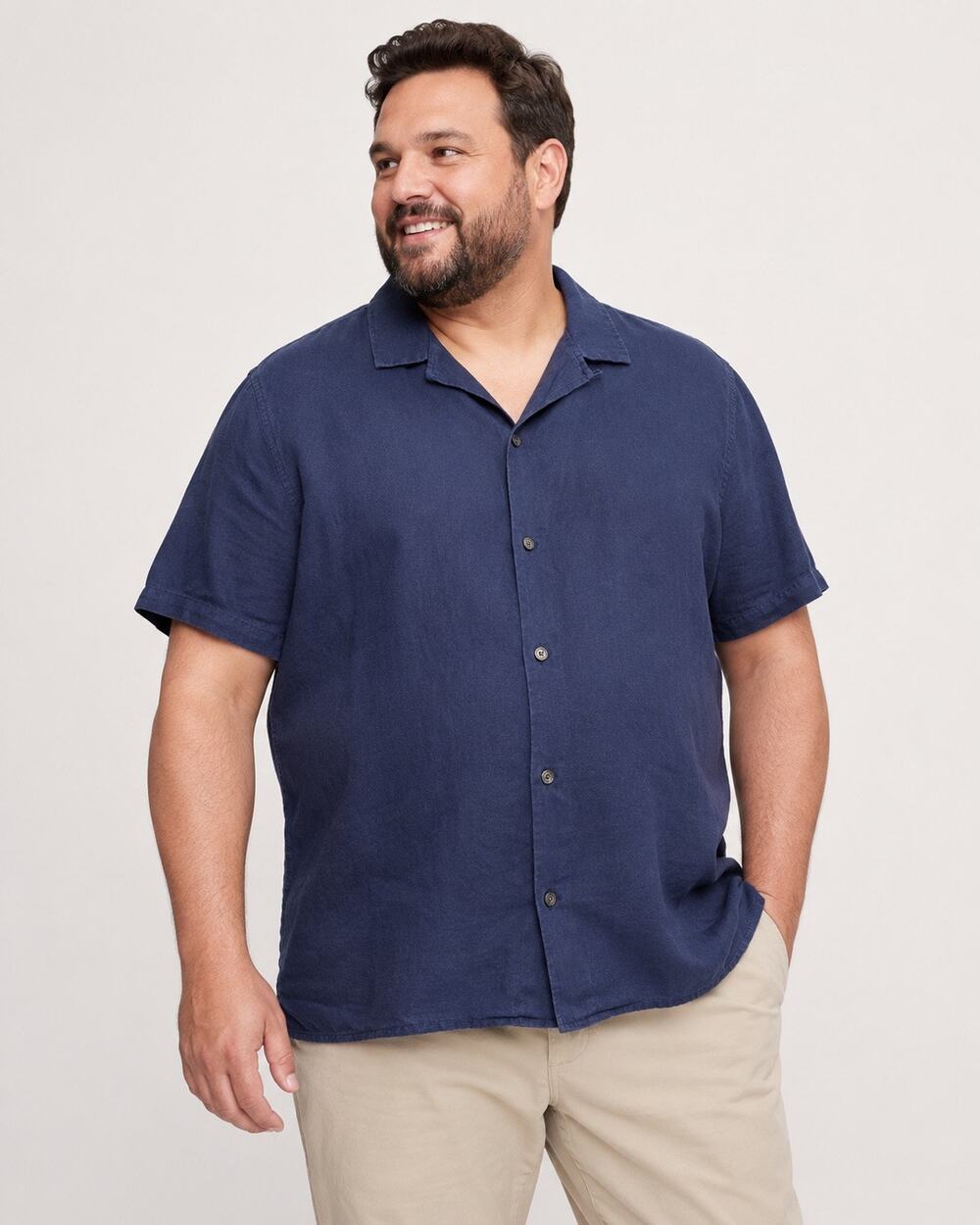 Banana Republic Linen Cotton Camp Shirt Navy Blue Short Sleeve Slim Fit XXL Tall